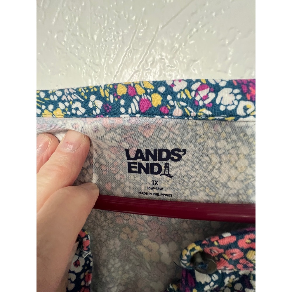 Lands End Womens 1X Floral Henley Top 3/4 Sleeve Multi Color Knit Blouse 16W-18W - Picture 3 of 3